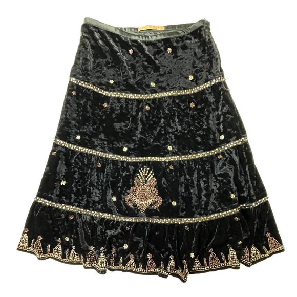 Miss Me Cracked Velvet Skirt Small Beaded Embroidered Gold Midi ‎ Whimsigoth EUC - Picture 1 of 8